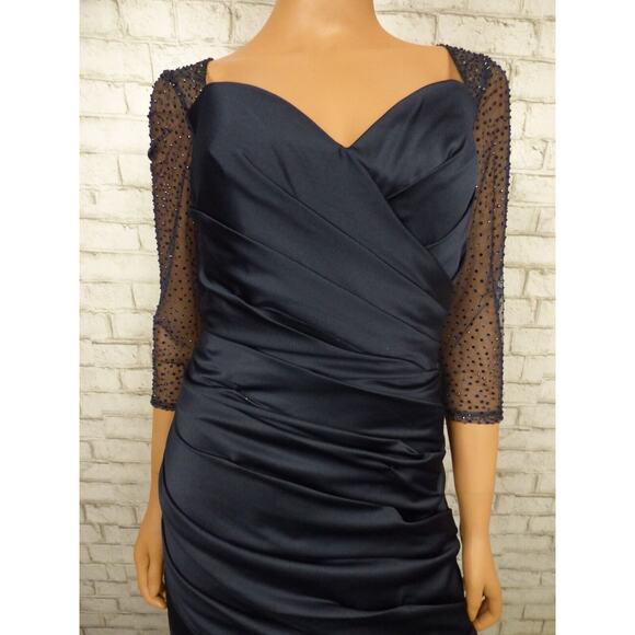 $558 La Femme 30138 Navy Blue Satin Ruched Trumpet Illusion Gown 12 NEW - Picture 4 of 16